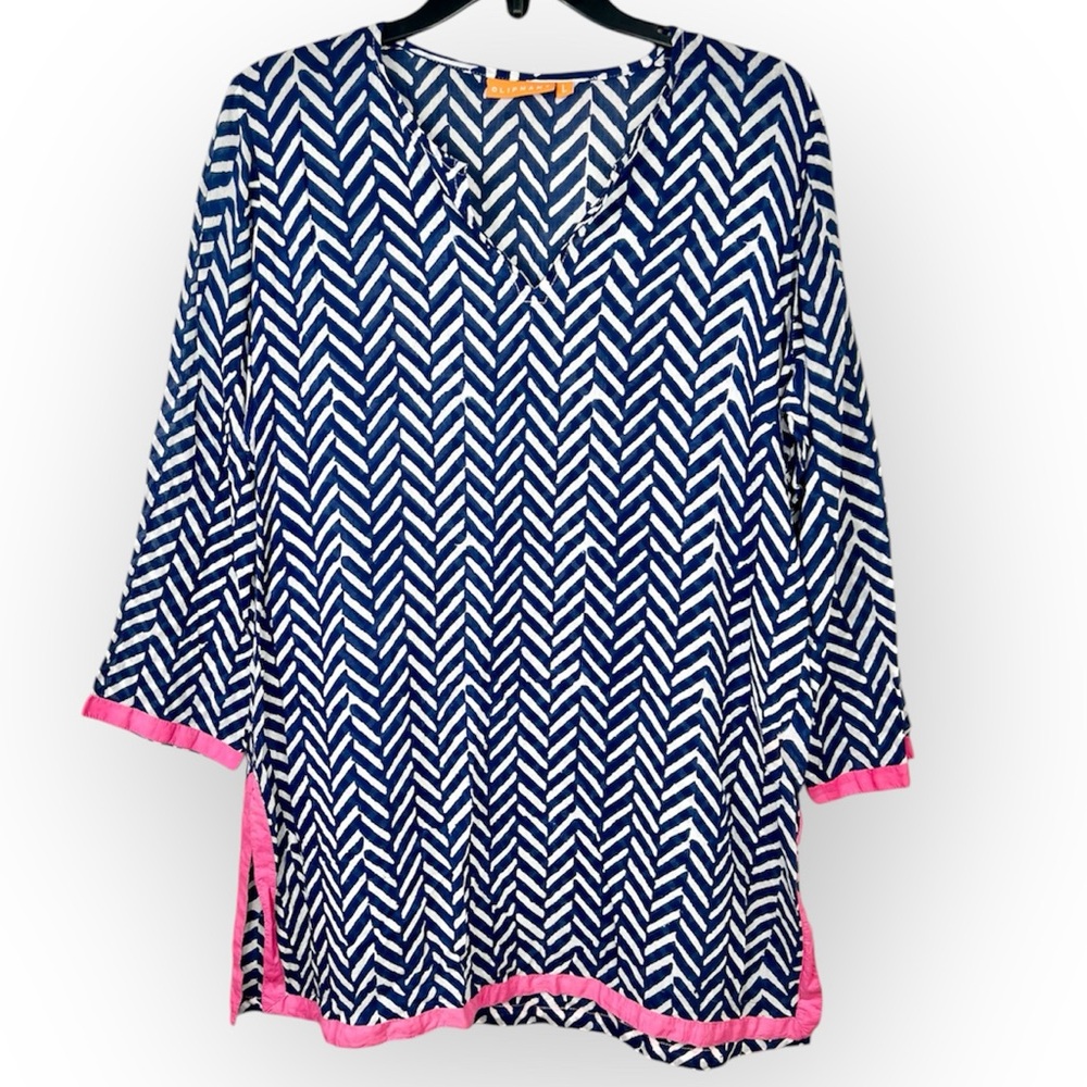 Oliphant Blue and White Tunic with Pink Accents